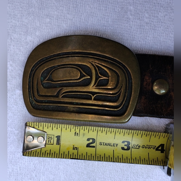 Vintage 70s KWAKIUTL RAVEN BIRD TOTEM SOLID BRONZE Buckle+Genuine Leather Belt - Picture 9 of 9